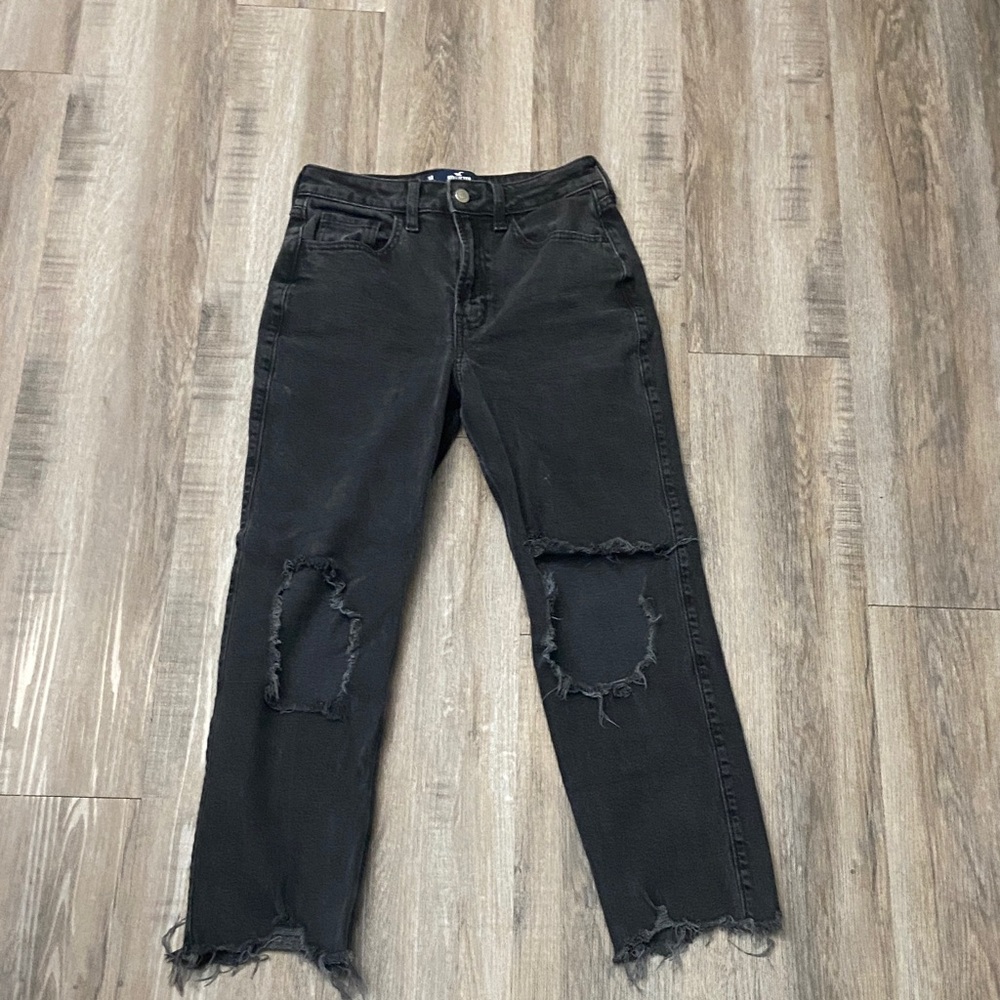 Hollister Black Straight Leg Jeans with Distressed Details